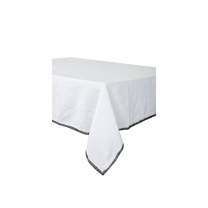 Linen tablecloth & napkins with borders - White