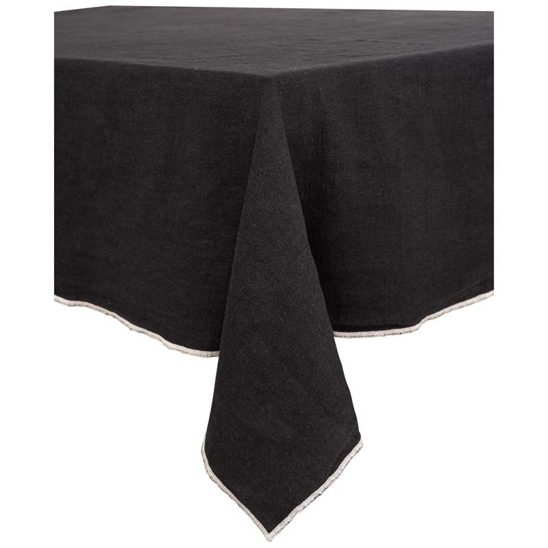 Linen tablecloth & napkins with natural borders - Black
