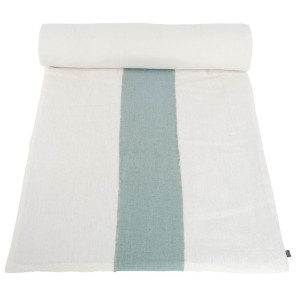 White linen quilt with celadon linen strip