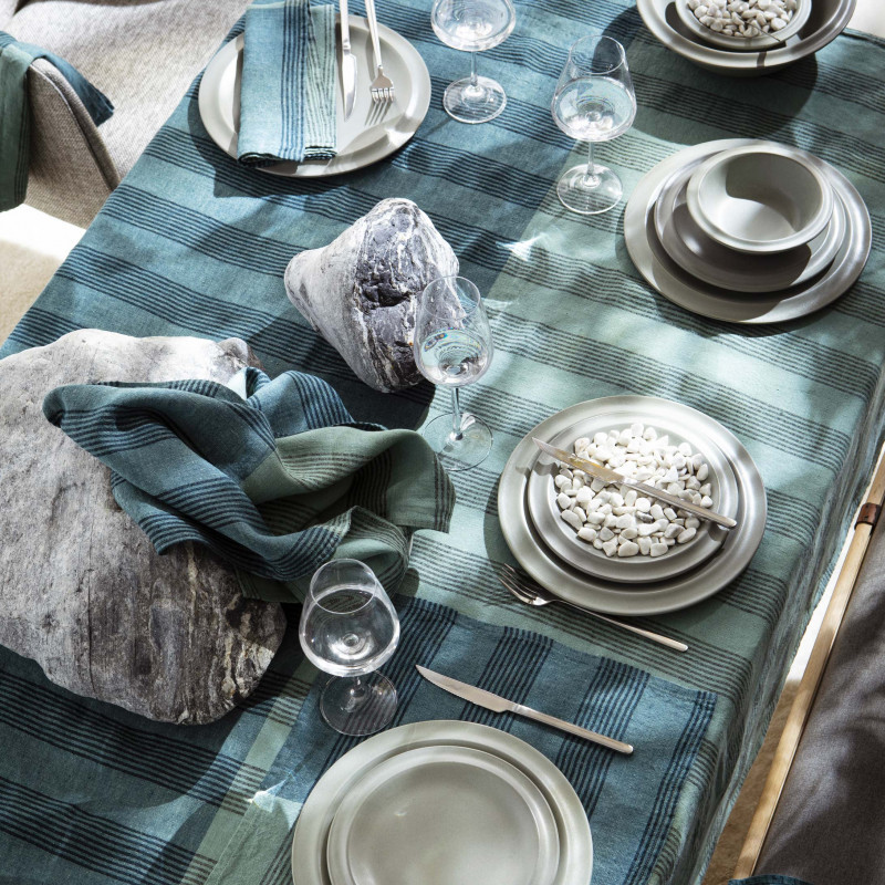 Linen Porto Tablecloth & Napkins - Celadon and Prussian Blue