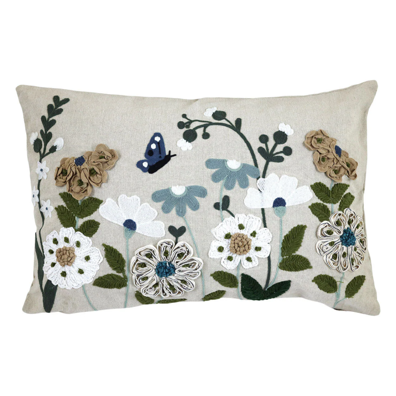 Natural cushion with embroidered flowers - Blue