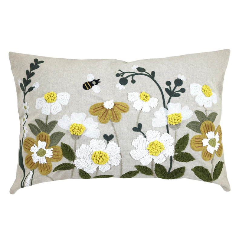 Natural cushion with embroidered flowers - Yellow