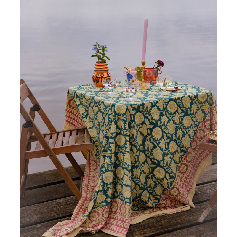 Tablecloth or bedspread - Turquoise, ecru and pink