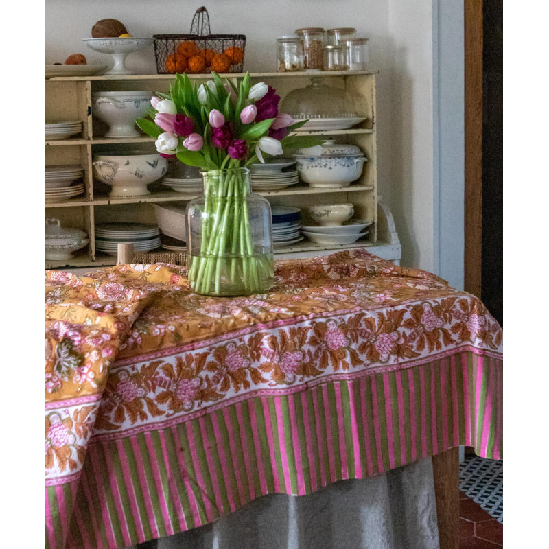 Tablecloth or bedspread - Ochre, pink and green