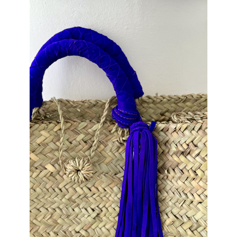 Basket with leather handles to carry by hand - Blue