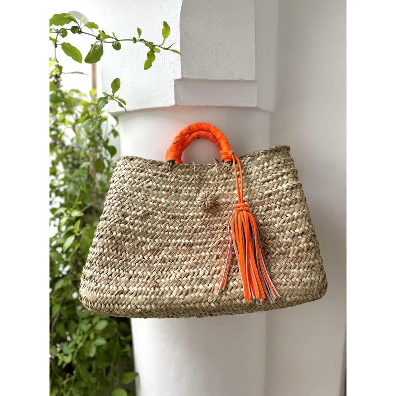 Basket with leather handles to carry by hand - Orange