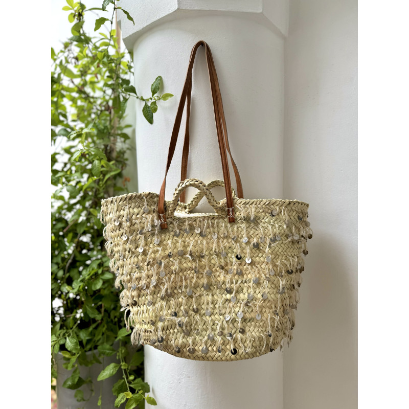 Basket with sequined leather handles