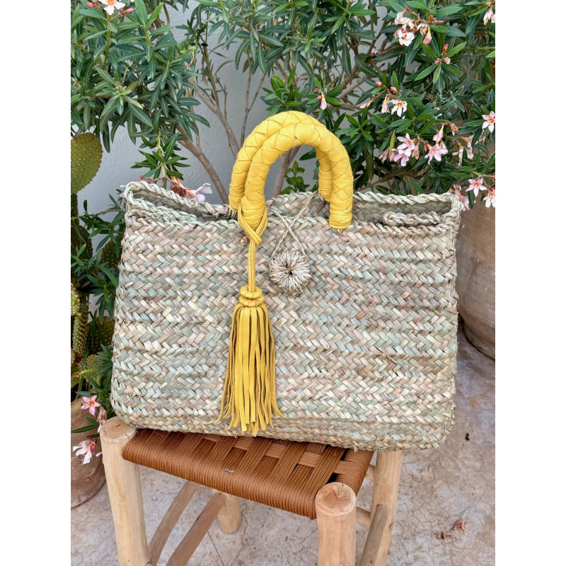 Basket with leather handles to carry by hand - Yellow