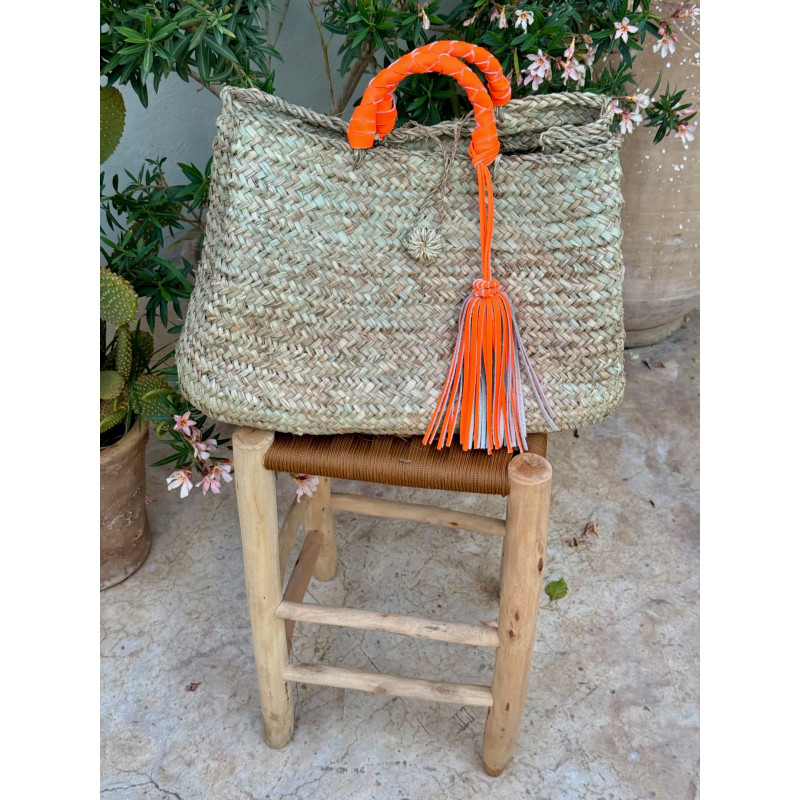 Basket with leather handles to carry by hand - Orange